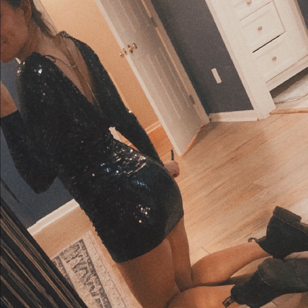 Black sequin open back dress with chain